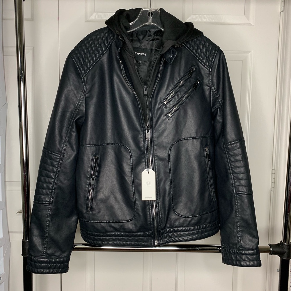 EXPRESS MENS LEATHER JACKET w/ HOOD